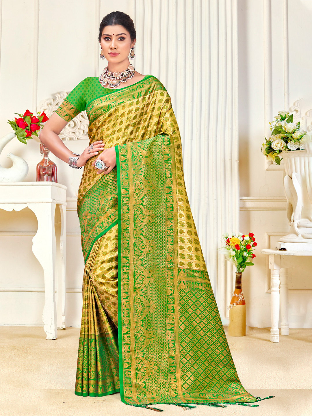 Yellow Kanjivaram Silk Woven Work Traditional Tassels Saree