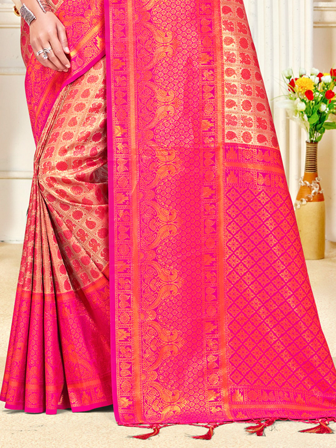 Pink Kanjivaram Silk Woven Work Traditional Tassels Saree