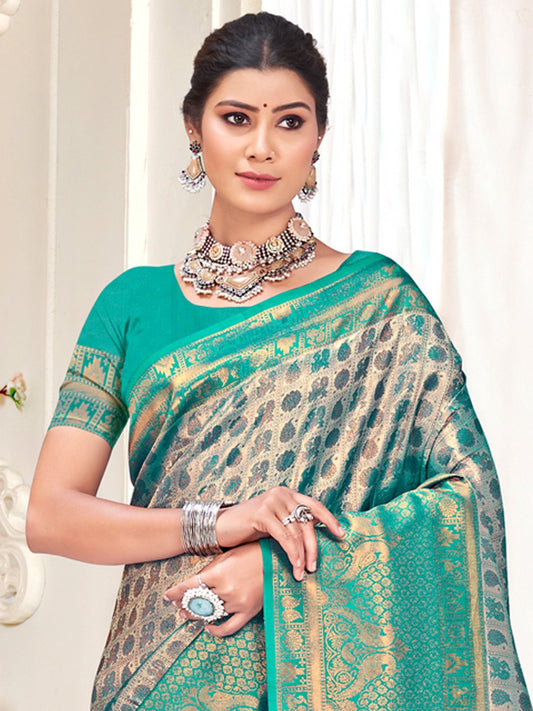 Sea Green Kanjivaram Silk Woven Work Traditional Tassels Saree