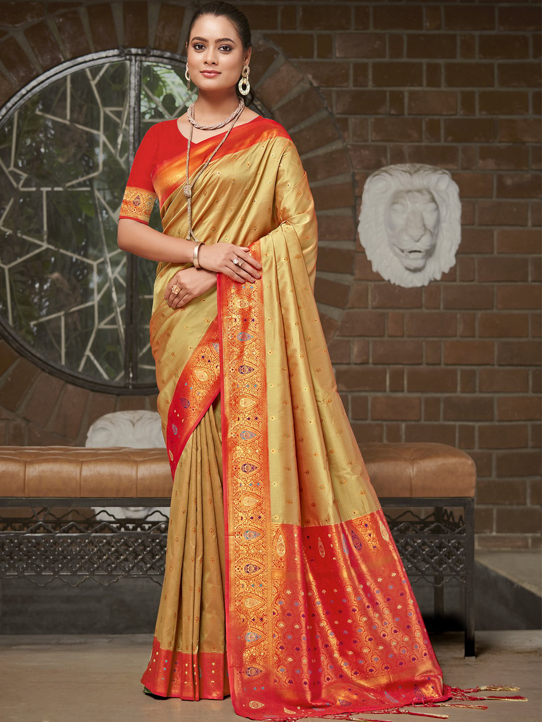 Golden Silk Woven Work Traditional Saree