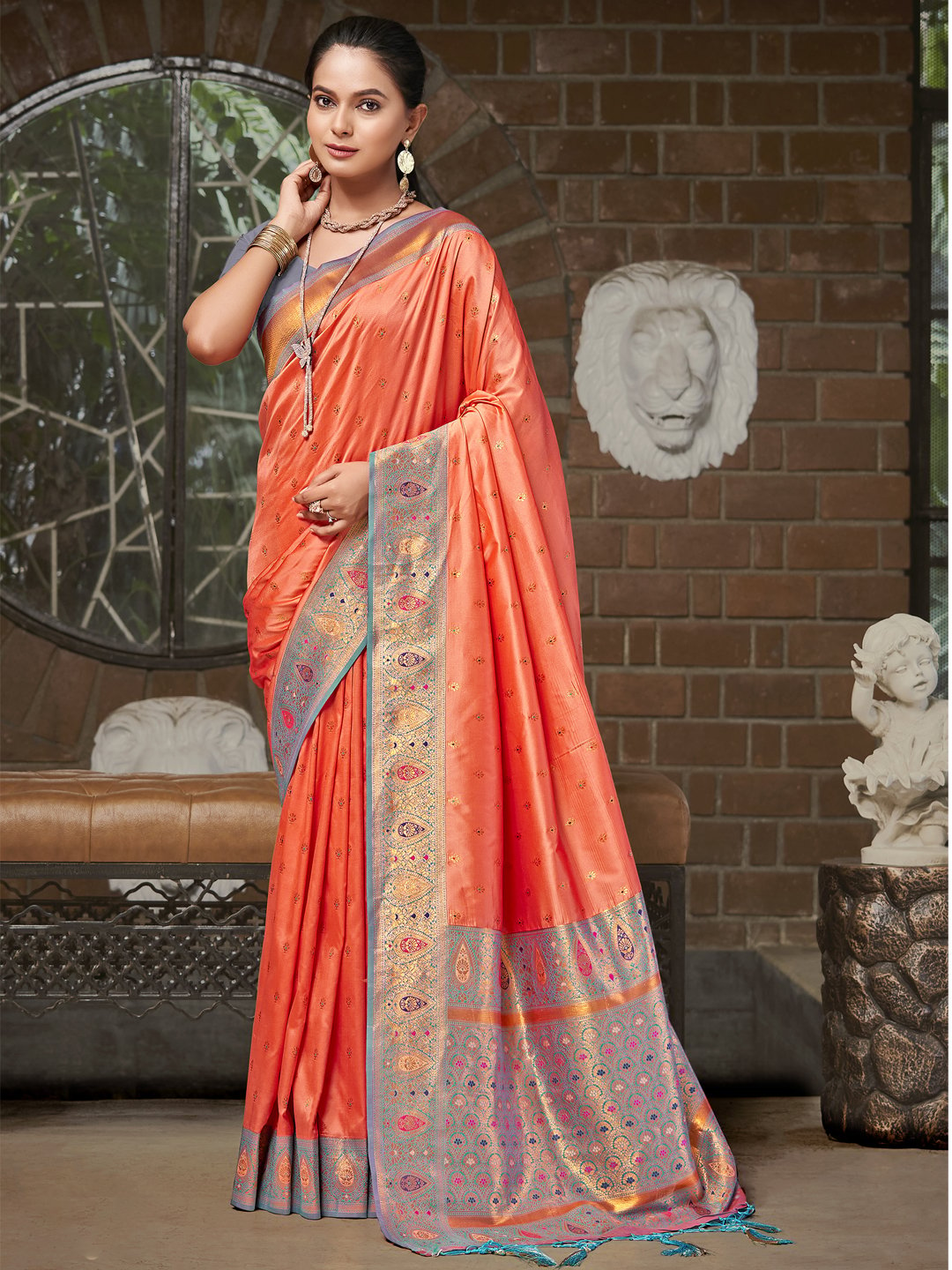 Peach Silk Woven Work Traditional Saree