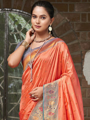 Peach Silk Woven Work Traditional Saree