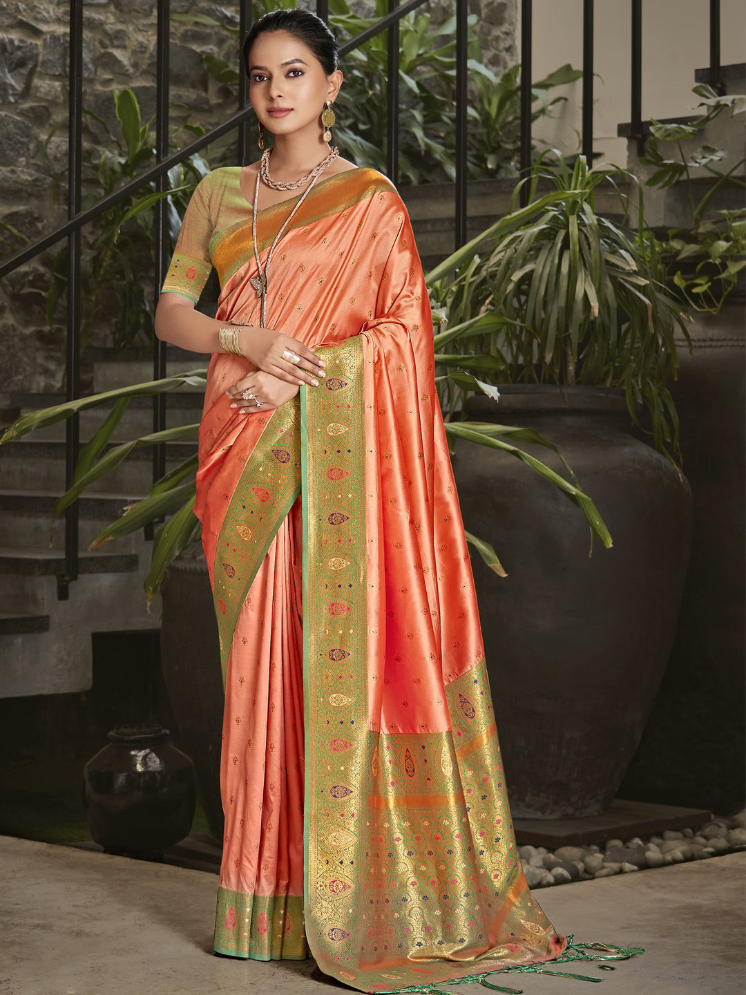 Peach Silk Woven Work Traditional Saree