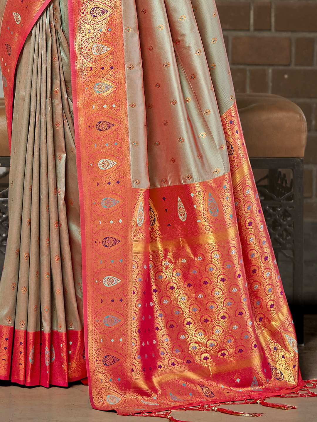 Beige Silk Woven Work Traditional Saree