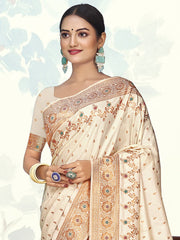 Cream Silk Woven Work Traditional Saree