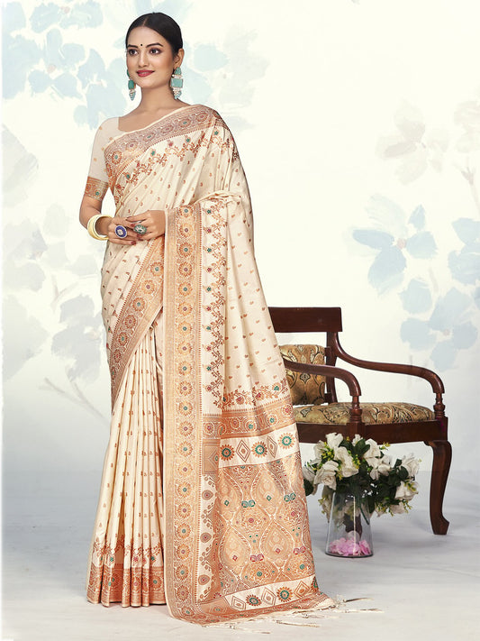 Cream Silk Woven Work Traditional Saree