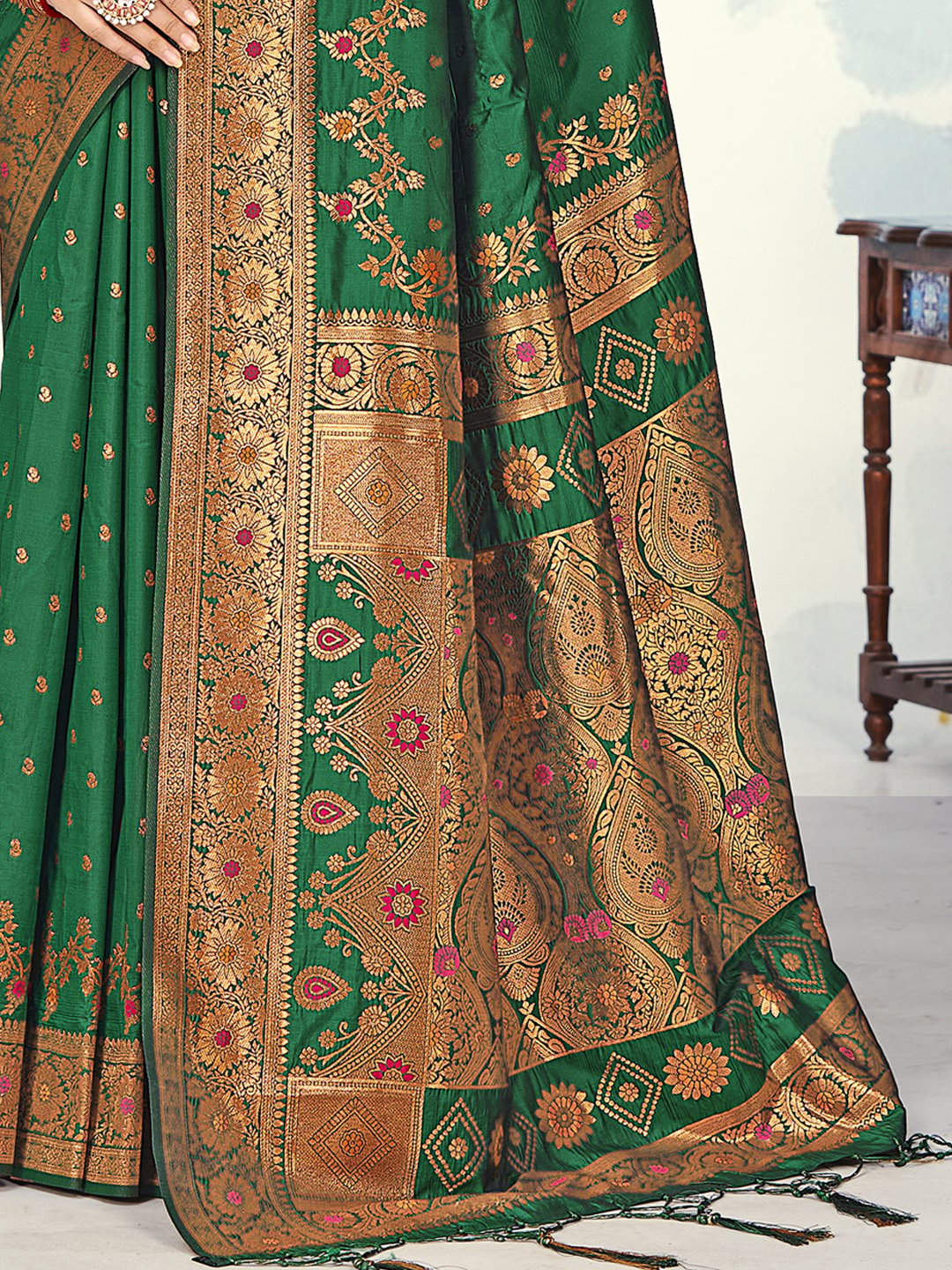 Dark Green Silk Woven Work Traditional Saree