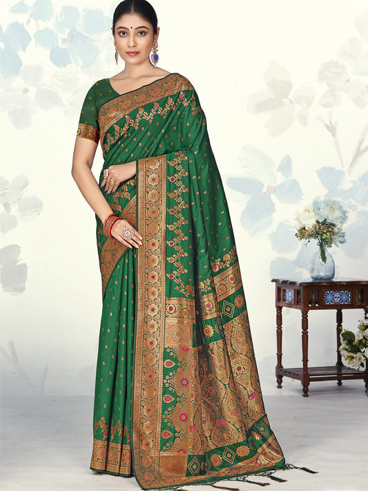 Dark Green Silk Woven Work Traditional Saree