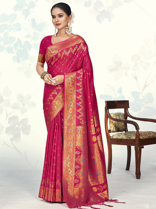 Magenta Silk Woven Work Traditional Saree