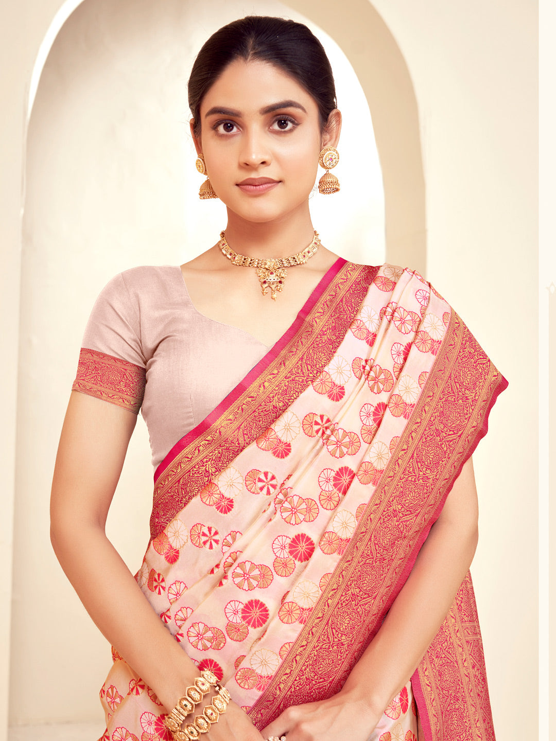 Light Pink Paithani Silk Woven Zari Work Traditional Tassels Saree