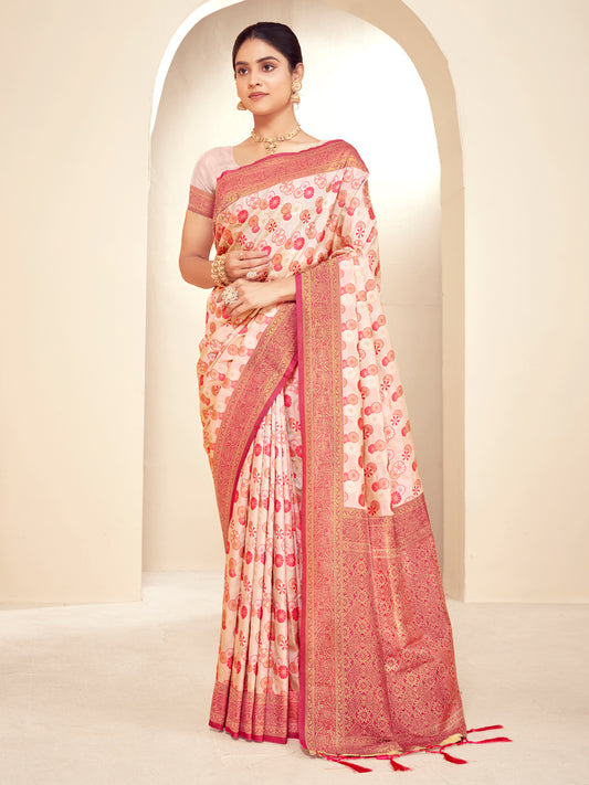 Light Pink Paithani Silk Woven Zari Work Traditional Tassels Saree