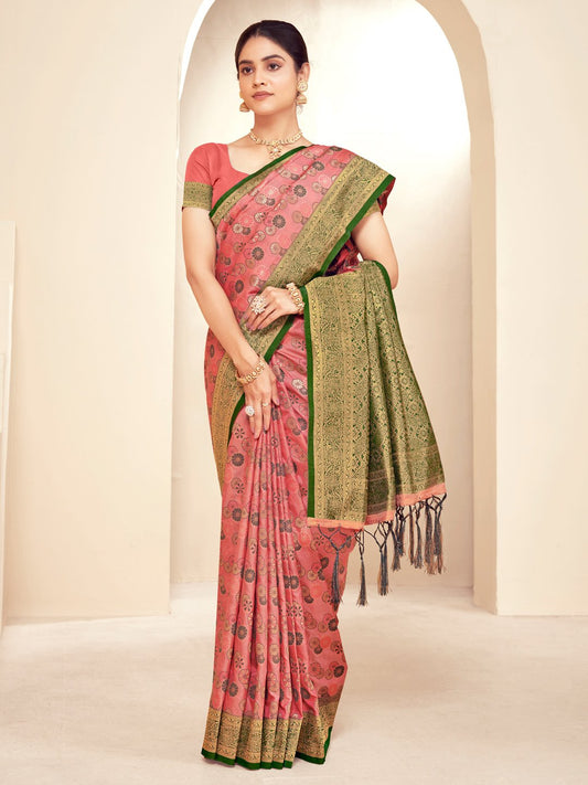 Peach Paithani Silk Woven Zari Work Traditional Tassels Saree