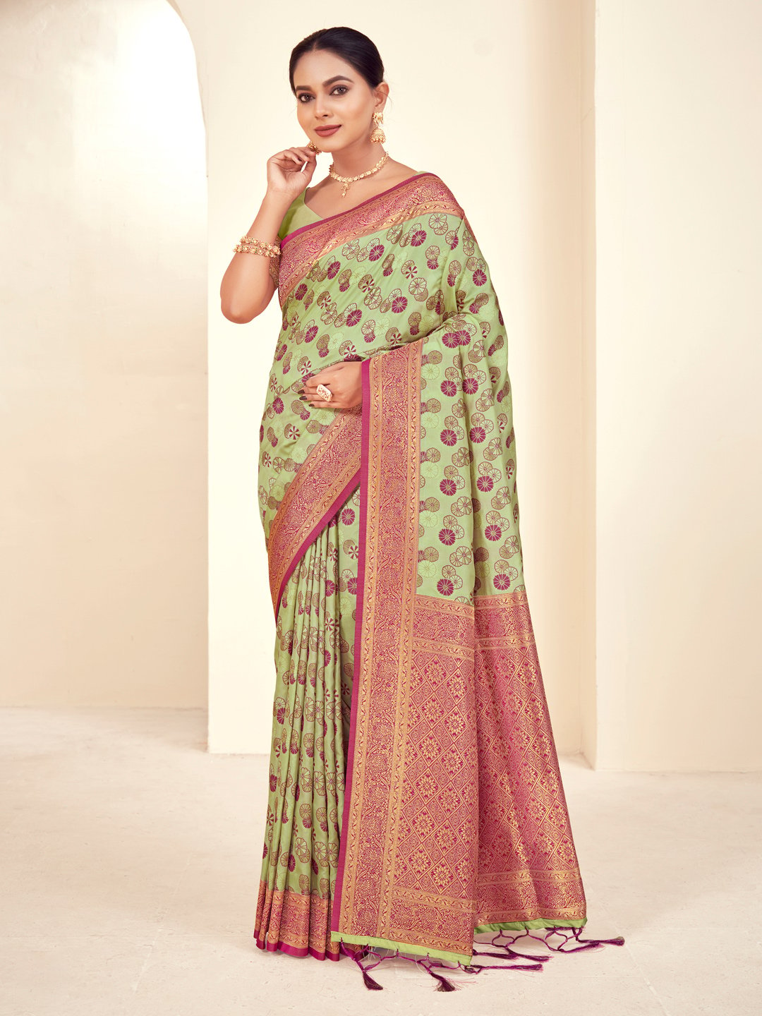 Light Green Paithani Silk Woven Zari Work Traditional Tassels Saree