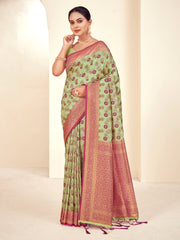 Light Green Paithani Silk Woven Zari Work Traditional Tassels Saree