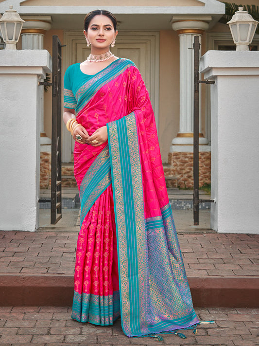 Pink Silk Woven Work Traditional Saree