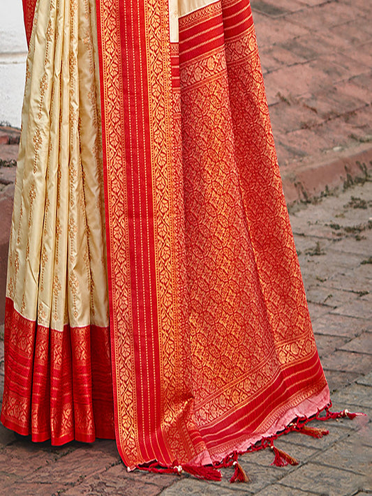 Cream Silk Woven Work Traditional Saree