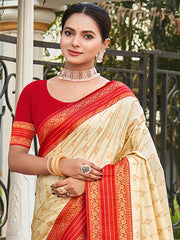 Cream Silk Woven Work Traditional Saree