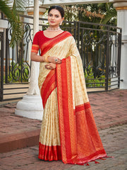 Cream Silk Woven Work Traditional Saree