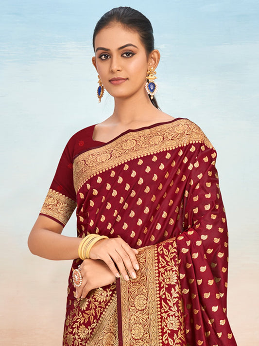 Maroon Silk Woven Work Traditional Tassels Saree