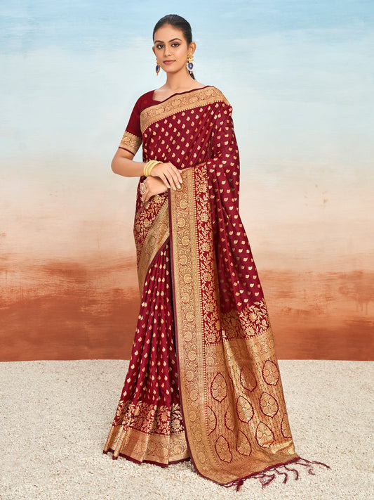 Maroon Silk Woven Work Traditional Tassels Saree