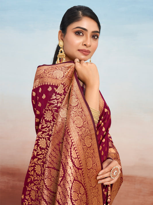 Wine Silk Woven Work Traditional Tassels Saree