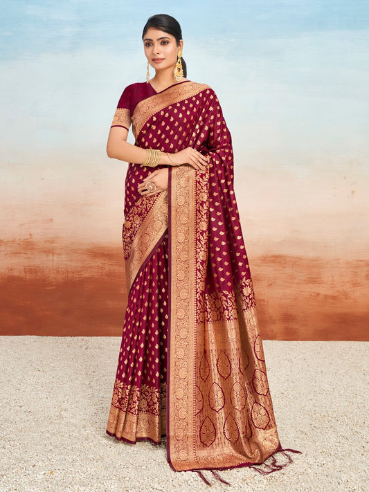 Wine Silk Woven Work Traditional Tassels Saree