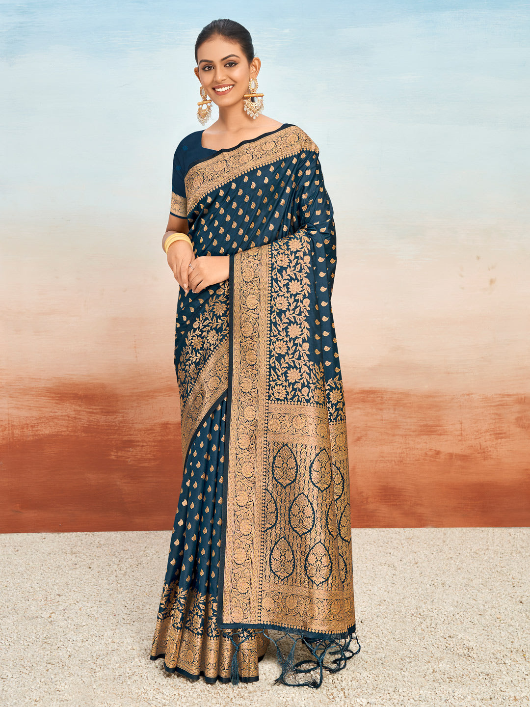 Navy Blue Silk Woven Work Traditional Tassels Saree