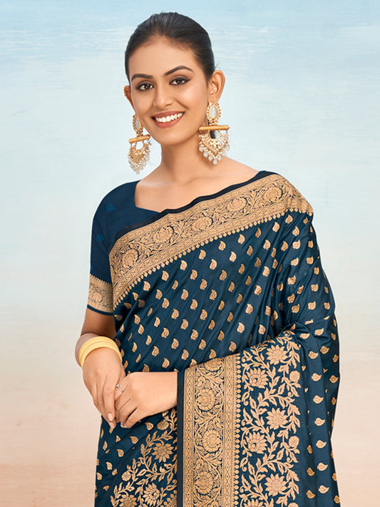 Navy Blue Silk Woven Work Traditional Tassels Saree