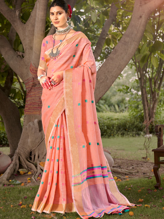 Pink Cotton Woven Work Party Wear Saree