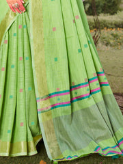 Green Cotton Woven Work Party Wear Saree