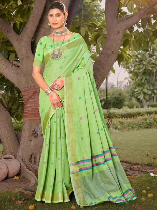 Green Cotton Woven Work Party Wear Saree