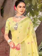 Yellow Cotton Woven Work Party Wear Saree