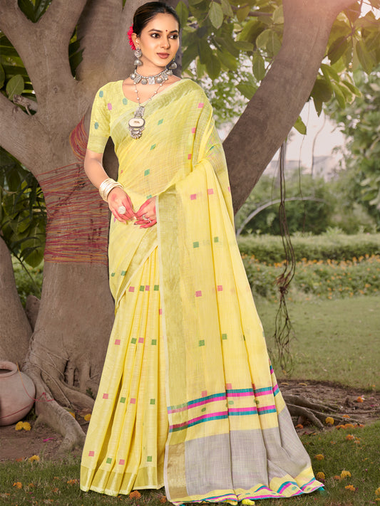 Yellow Cotton Woven Work Party Wear Saree