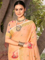 Peach Cotton Woven Work Party Wear Saree