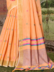 Peach Cotton Woven Work Party Wear Saree