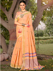 Peach Cotton Woven Work Party Wear Saree