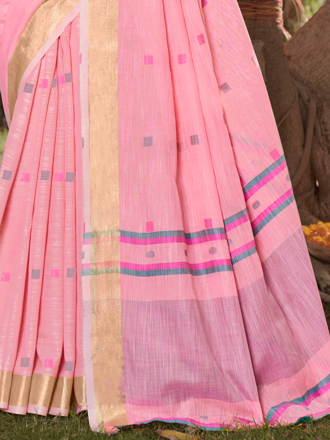 Light Pink Cotton Woven Work Party Wear Saree