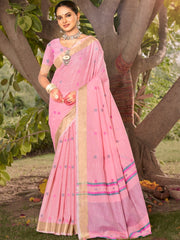 Light Pink Cotton Woven Work Party Wear Saree