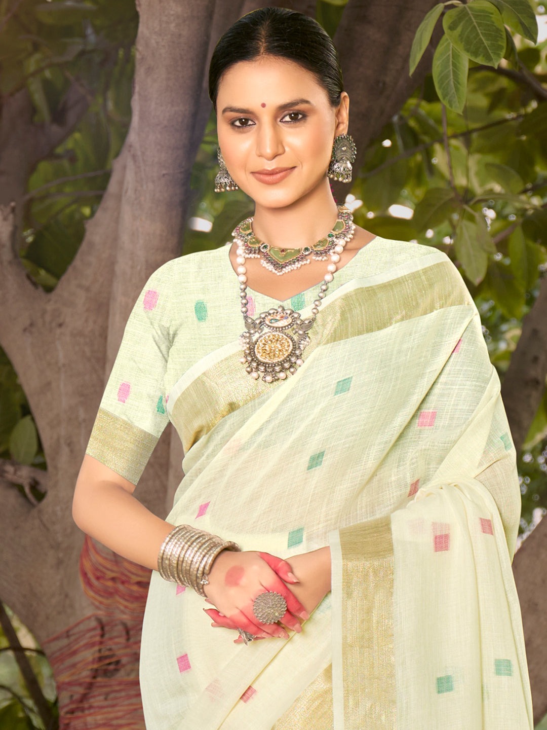 Off White Cotton Woven Work Party Wear Saree