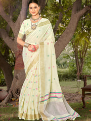 Off White Cotton Woven Work Party Wear Saree