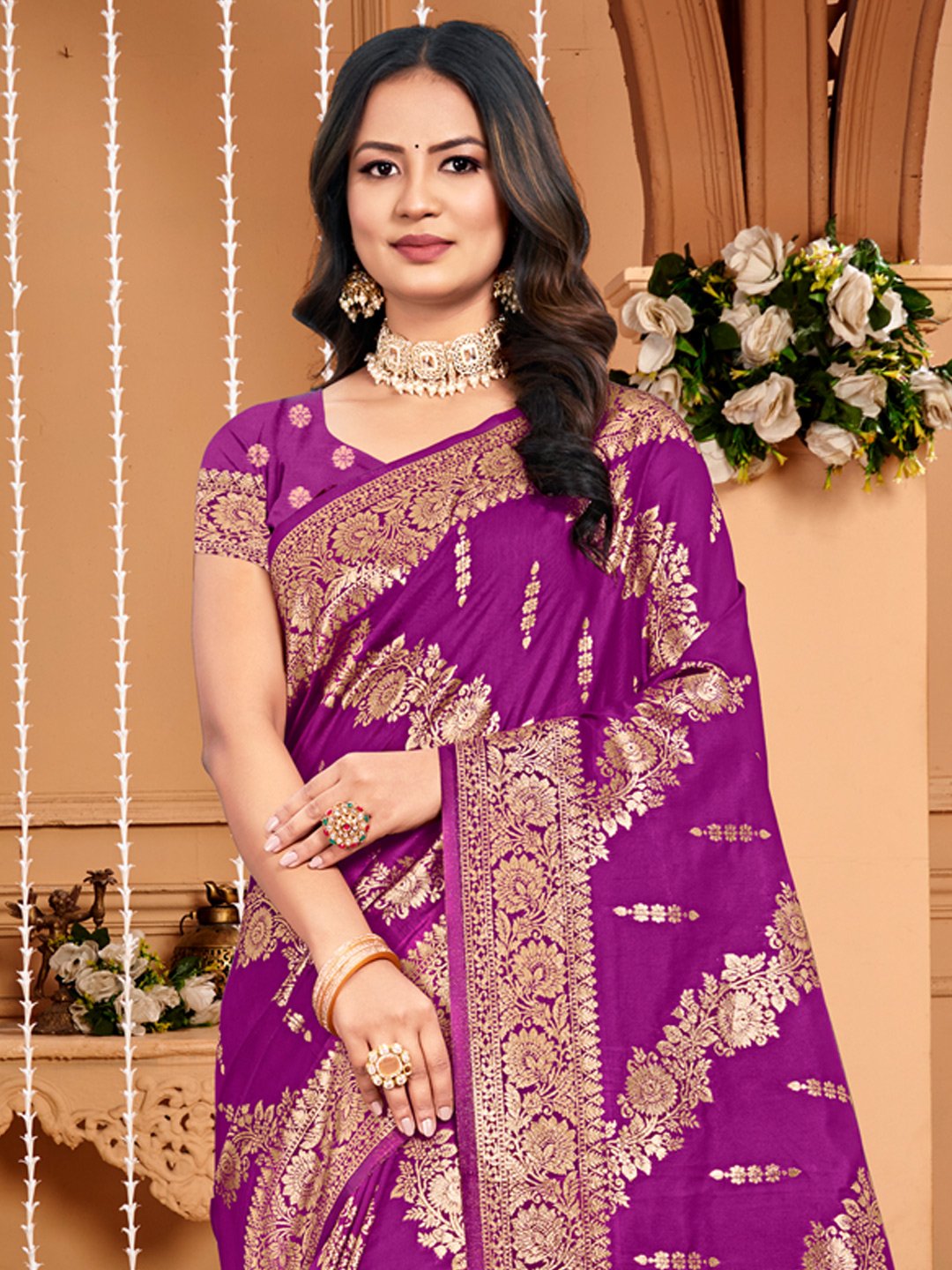 Wine Silk Woven Work Traditional Tassels Saree