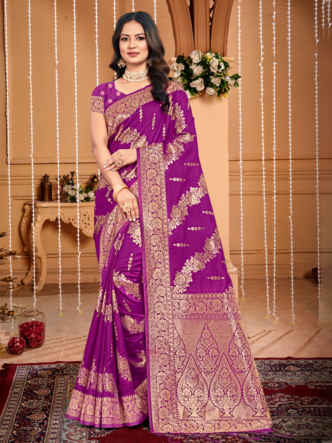 Wine Silk Woven Work Traditional Tassels Saree