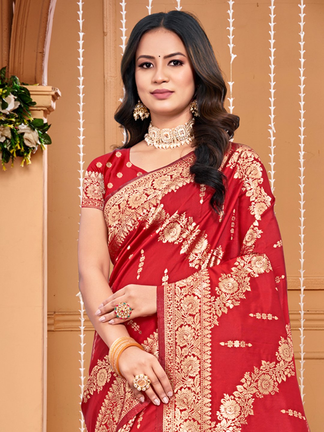 Red Silk Woven Work Traditional Tassels Saree