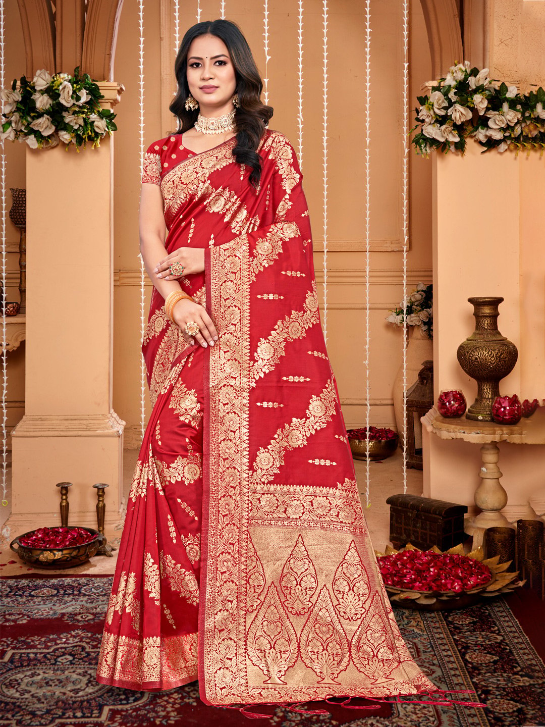 Red Silk Woven Work Traditional Tassels Saree