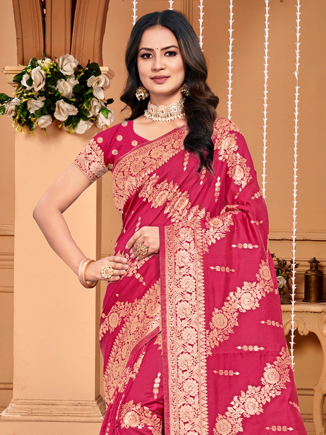 Pink Silk Woven Work Traditional Tassels Saree