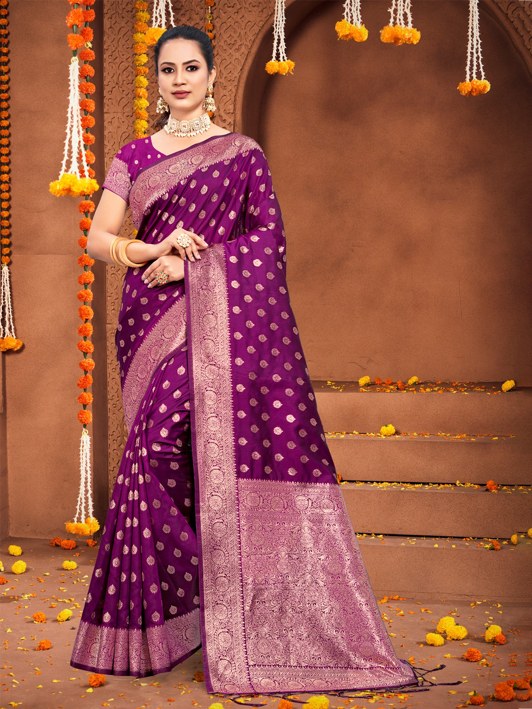 Wine Silk Woven Work Traditional Tassels Saree