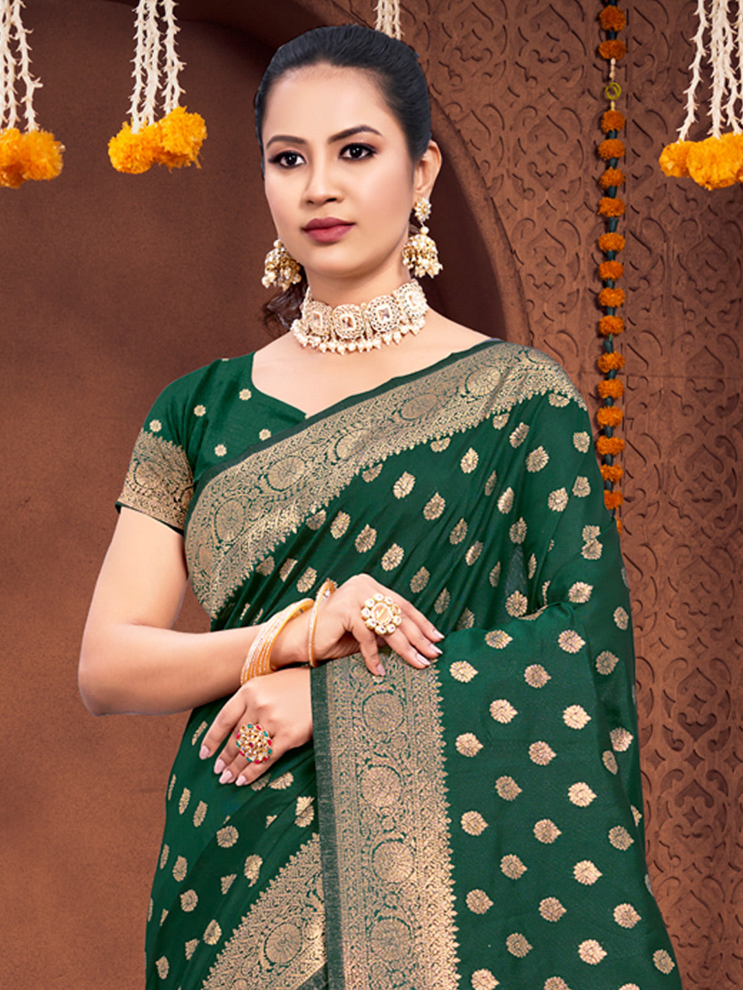 Dark Green Silk Woven Work Traditional Tassels Saree