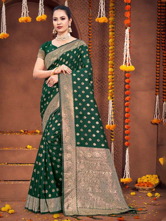 Dark Green Silk Woven Work Traditional Tassels Saree