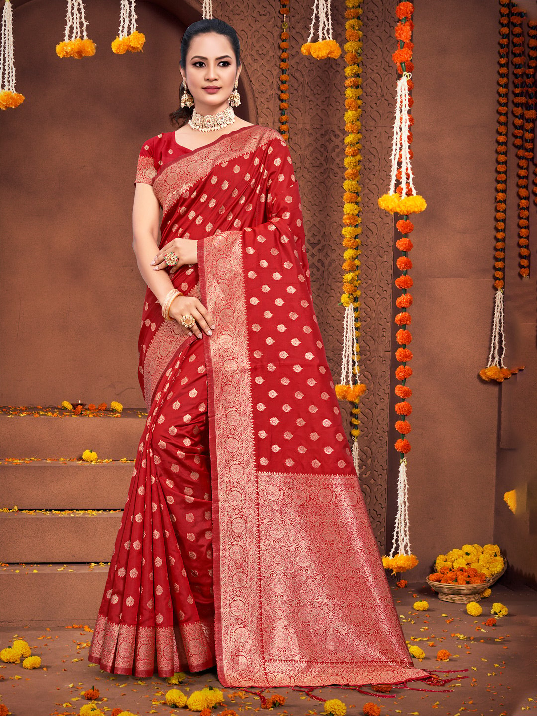 red-silk-woven-work-traditional-tassels-saree-3