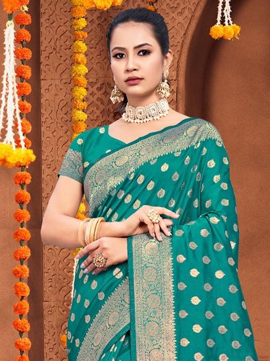 Turquoise Silk Woven Work Traditional Tassels Saree